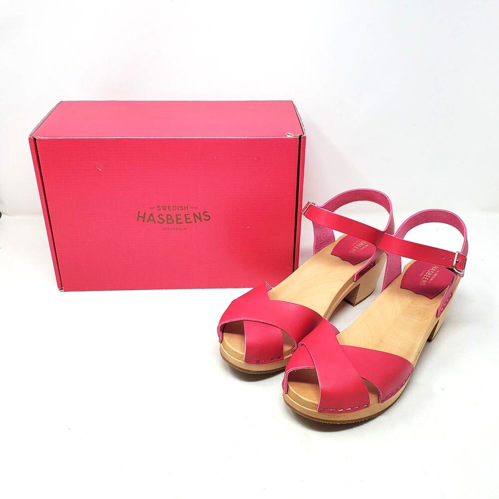 Swedish Hasbeens Mirja Heeled Clog Sandals Strappy Peep Toe Cherry Pink 41 US 11 - Picture 2 of 9